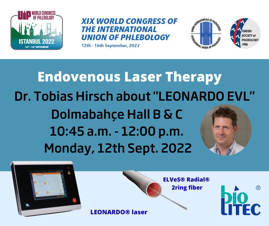 DON’T MISS! Dr. Tobias Hirsch about LEONARDO Endovenous Laser Therapy at UIP in Istanbul on 12th Sept. 2022 10:45 a.m. – 12:00 p.m. in Dolmabahçe Hall B &amp; C. 
Meet biolitec at Booth No. 47! 
More information here biolitec-fair.com/en/phlebology

#biolitec #uip #lasertherapy #phlebology