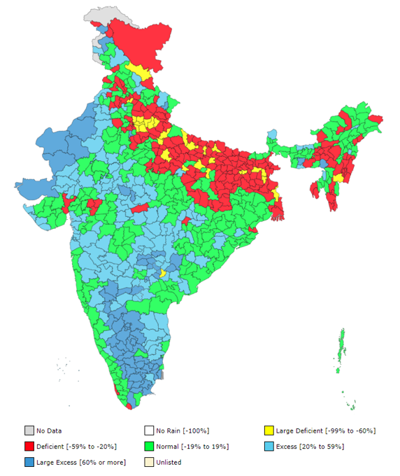 rajbhagatt's tweet photo. #Map shows status of Monsoon rains - District wise prepared by India Met Dept. 

So many stories within it.

Gangetic plains are facing a deficit. Interior South India (leeward side of western ghats) are having excess rainfall! https://t.co/gWbjDIkK4j