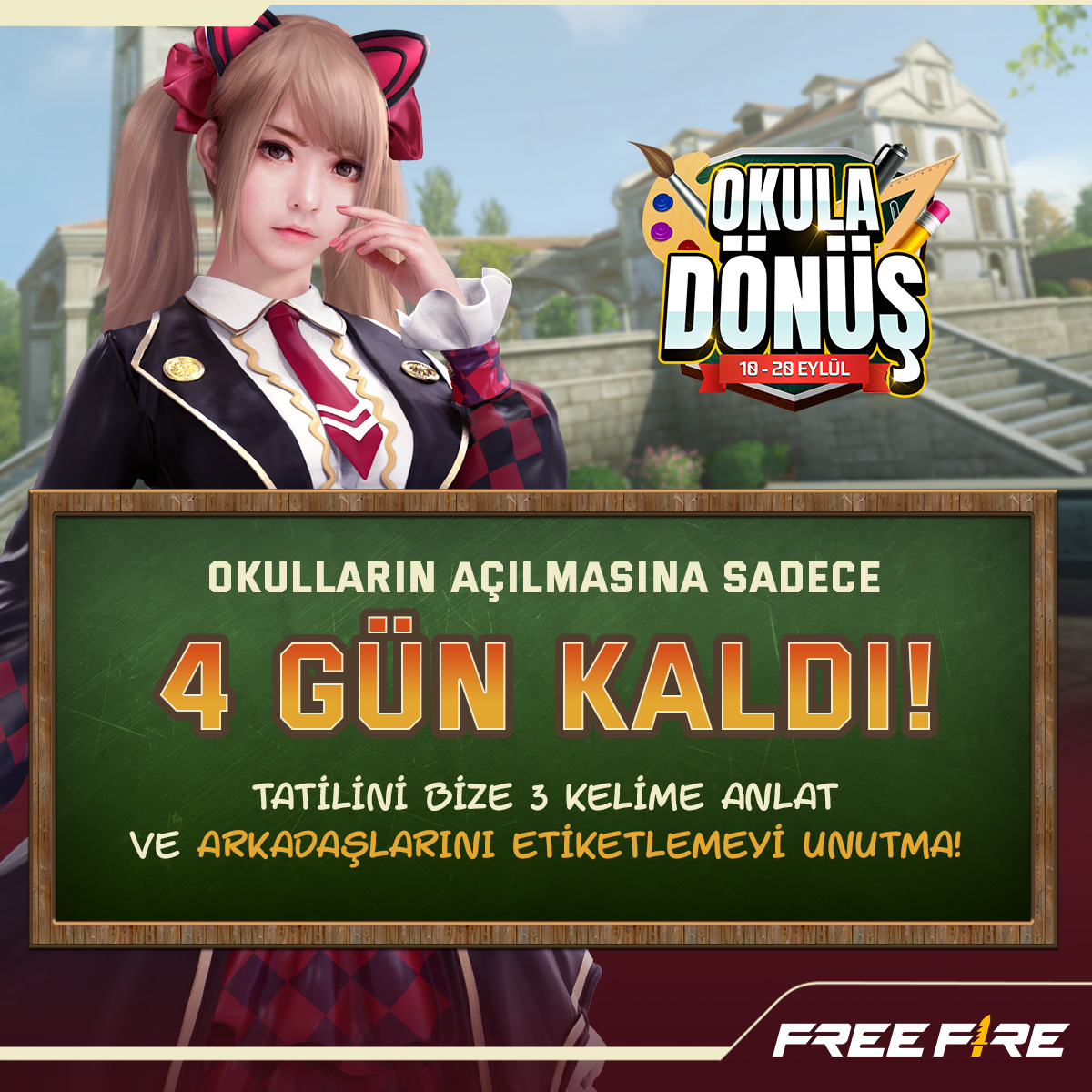 SADECE 4 GÜN KALDI!!! 

Defterler ve kalemler hazır mı? 😏
Okul başlamadan bize tatilinin nasıl geçtiğini 3 kelime ile anlatır mısın?

ÇOK HIZLI dediğini duyar gibiyim 😂

#FreeFire #FreeFireTürkiye #OkulaDönüş