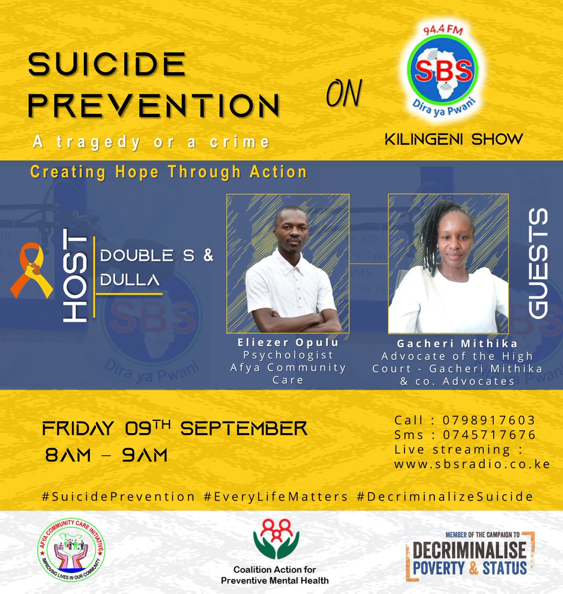 Afya_360's tweet photo. Is suicide a tragedy or a crime? 

The criminalization of suicide has been a big hinderance to #Suicide case repoting and management.  Join us at SBS Radio for a conversation on #SuicidePrevention 

We are #CreatingHopeThroughAction

#DecriminaliseSuicide #MentalHealthPriority https://t.co/RlZItHGfUT