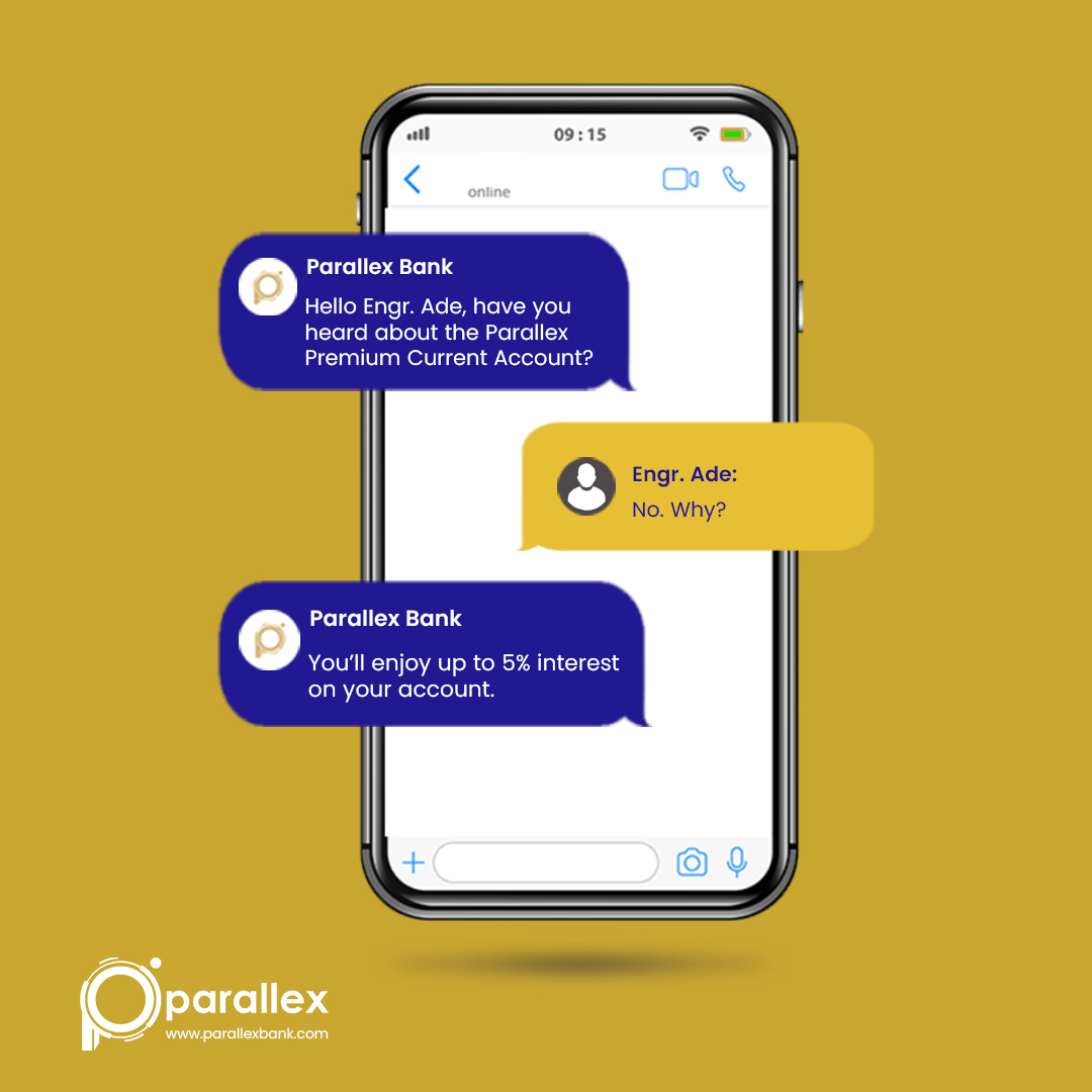 parallexbankng's tweet photo. Enjoy up to 5% interest on your Premium Current Account. To download the #ParallexApp and set up your account in minutes, visit https://t.co/9KDXO9ujnW
#ParallexApp #Parallexbank #CurrentAccounts #Limitlessbanking #BeLimitless https://t.co/ktMCBtNvCS