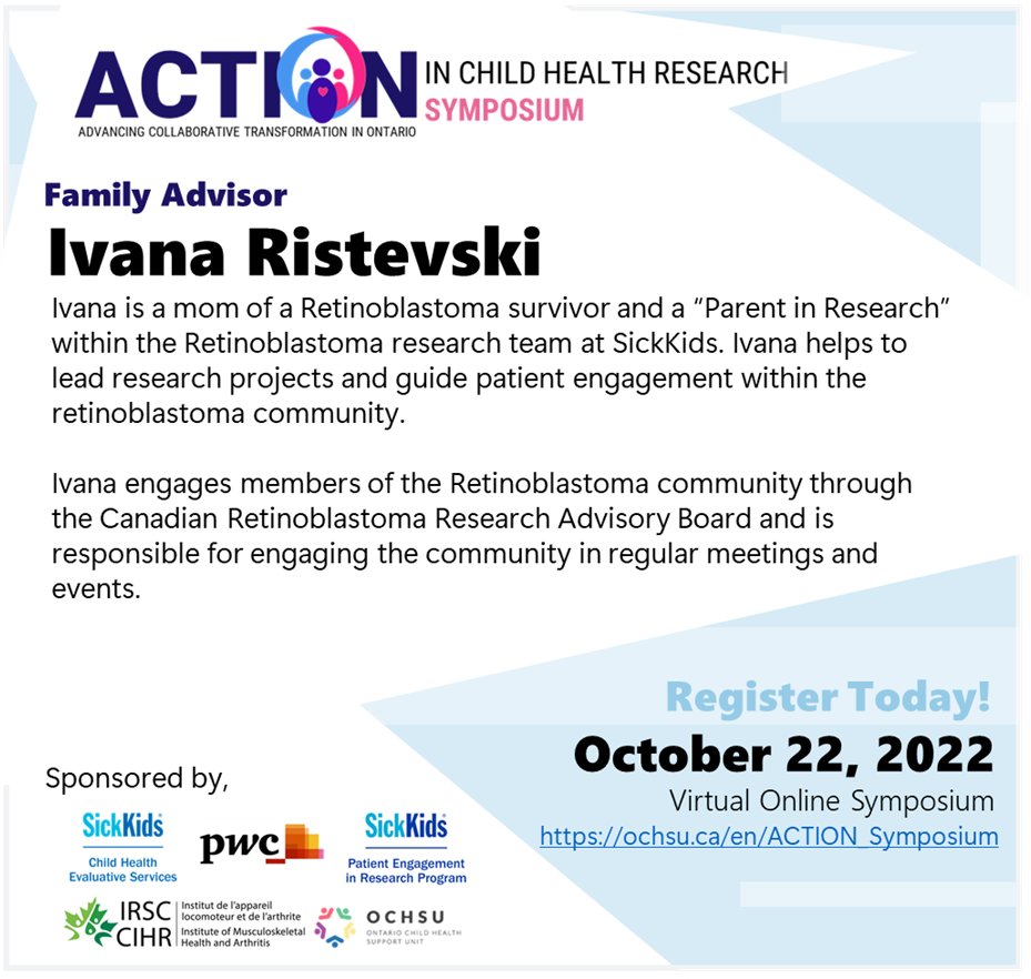 OCHSU's ACTION Symposium is led by patients, families and researchers working with patients as partners.  Learn about the members of our planning team like family advisor Ivana Ristevski

Don't forget to register soon at ochsu.ca/en/ACTION_Symp…