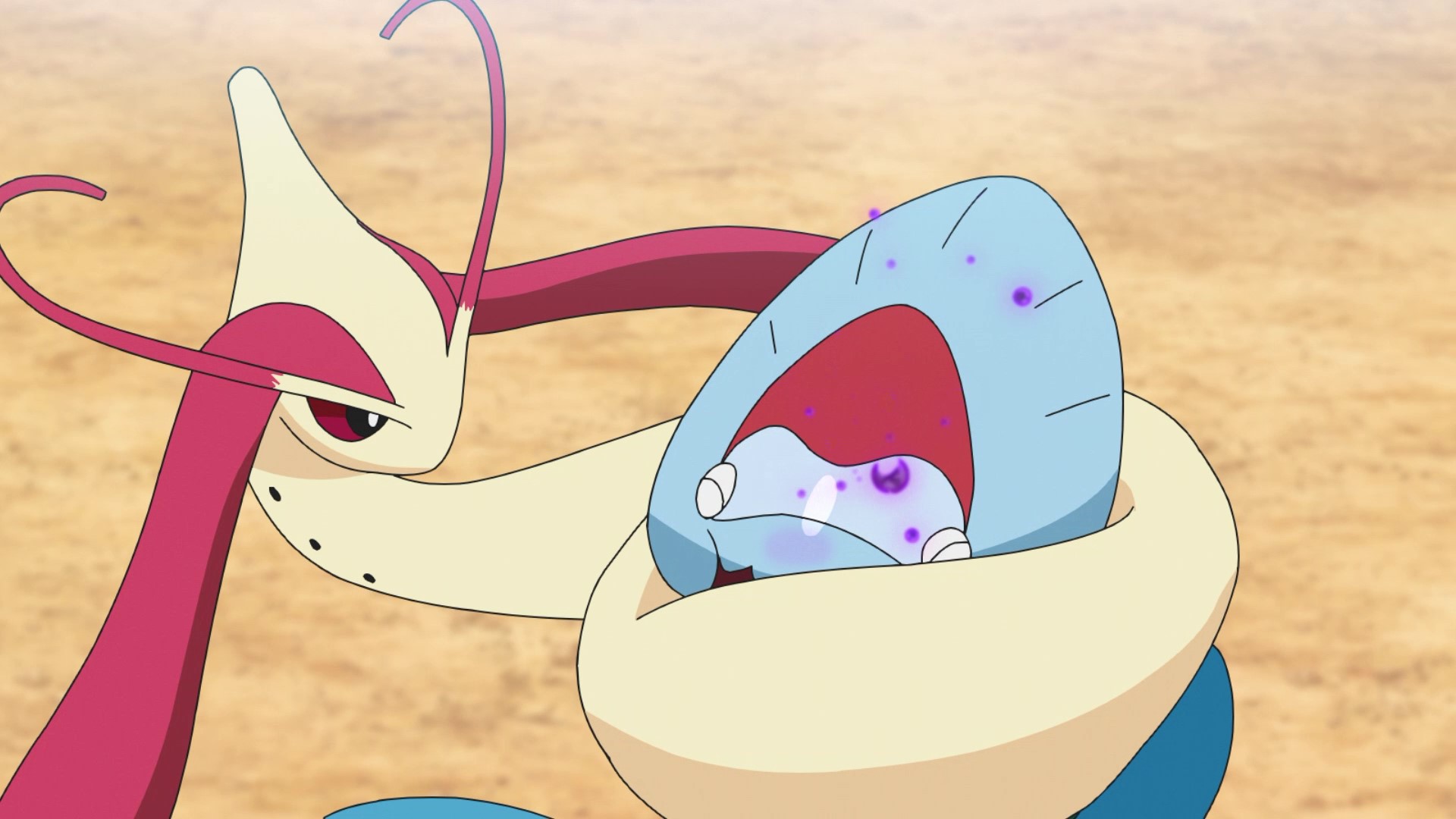 アニメ ポケットモンスター 公式 アニポケ ハイライト どくを受けながらも ミロカロス に挑む ウオノラゴン の姿に観客も感動 次に交代で登場した ネギガナイト は 盾をぶんまわして ステルスロック の岩を一掃する 大胆不敵な攻撃を見せ