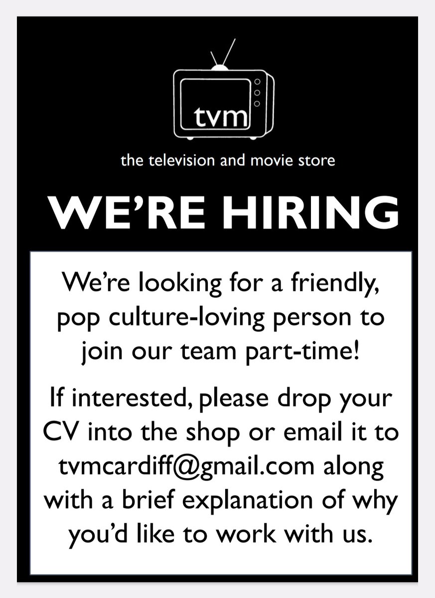TVMCardiff's tweet photo. ✨️WE'RE HIRING✨️
If you're looking for part-time work in Cardiff City Centre, we need you! Please email us at tvmcardiff(@)gmail(.)com with your CV. 
#cardiff #jobalert https://t.co/KbwAb0tpZQ