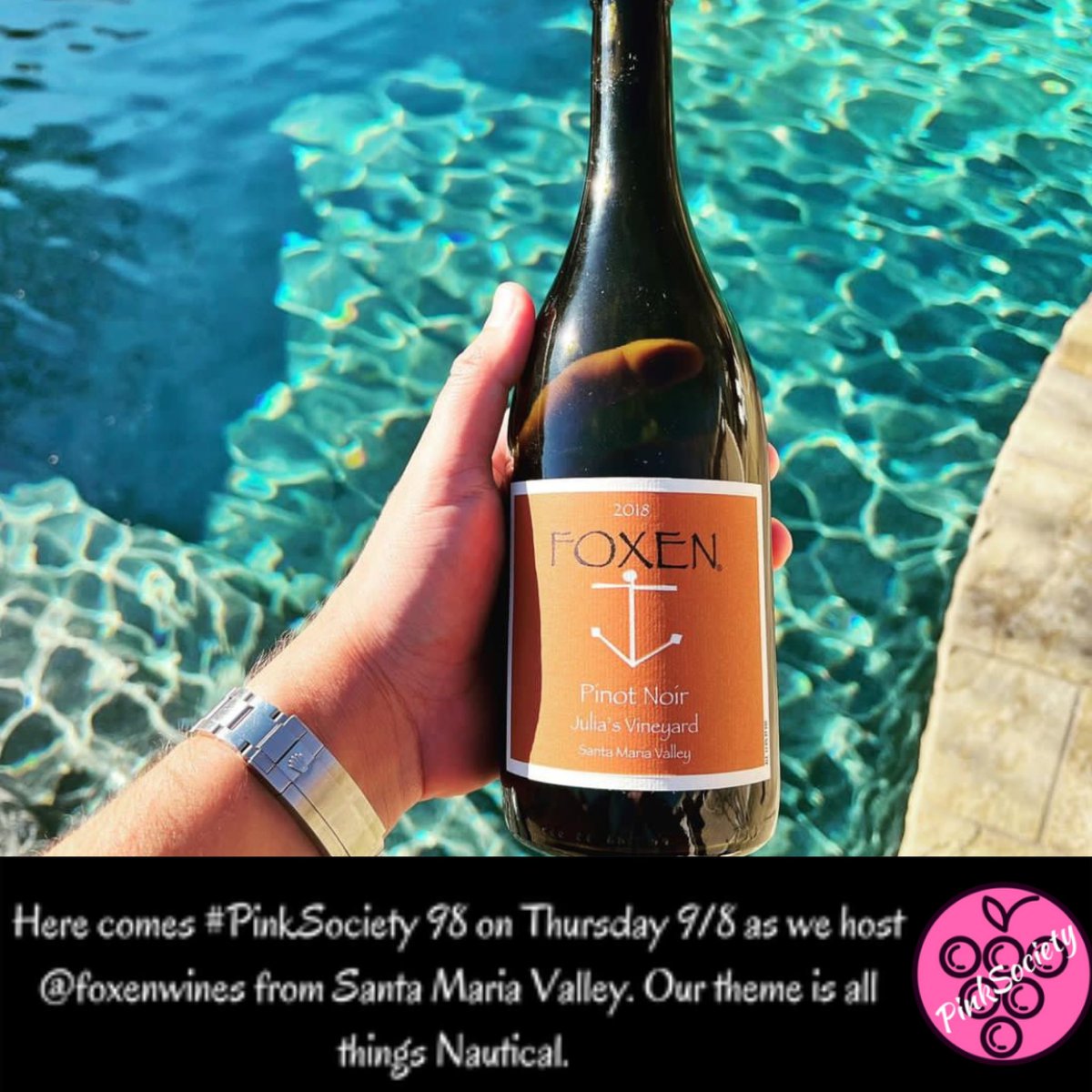 Here comes #PinkSociety Party 98 TONIGHT at 6pm Pt/9pm ET as we host @foxenwines from Santa Maria Valley. We have a NAUTICAL theme. Bring a friend and your favorite anchor! @boozychef @jflorez @rr_pirate @magee333 @JRyan832 @JackConnie @Kerryloves2trvl @SideHustleWino @AskRobY