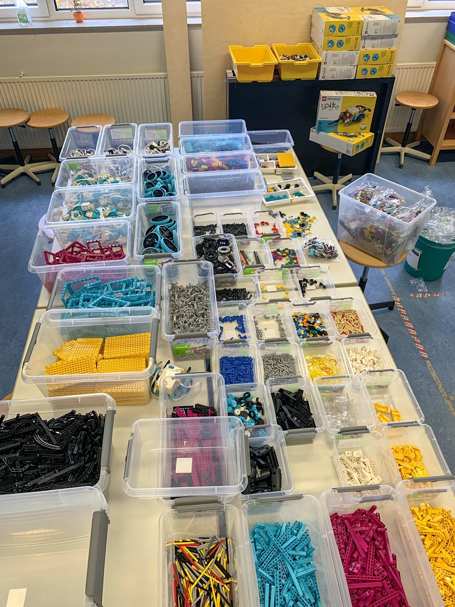 Update on my #Lego project Have so far separated 26 @LEGO_Education #SpikePrime kits into see-through containers. Next job…12 expansion sets + a pile of small connectors to sort. Still have #EV3, #WeDo, Classic, Creative, #BricQ & @firstlegoleague materials to unpack 😂 #edtech