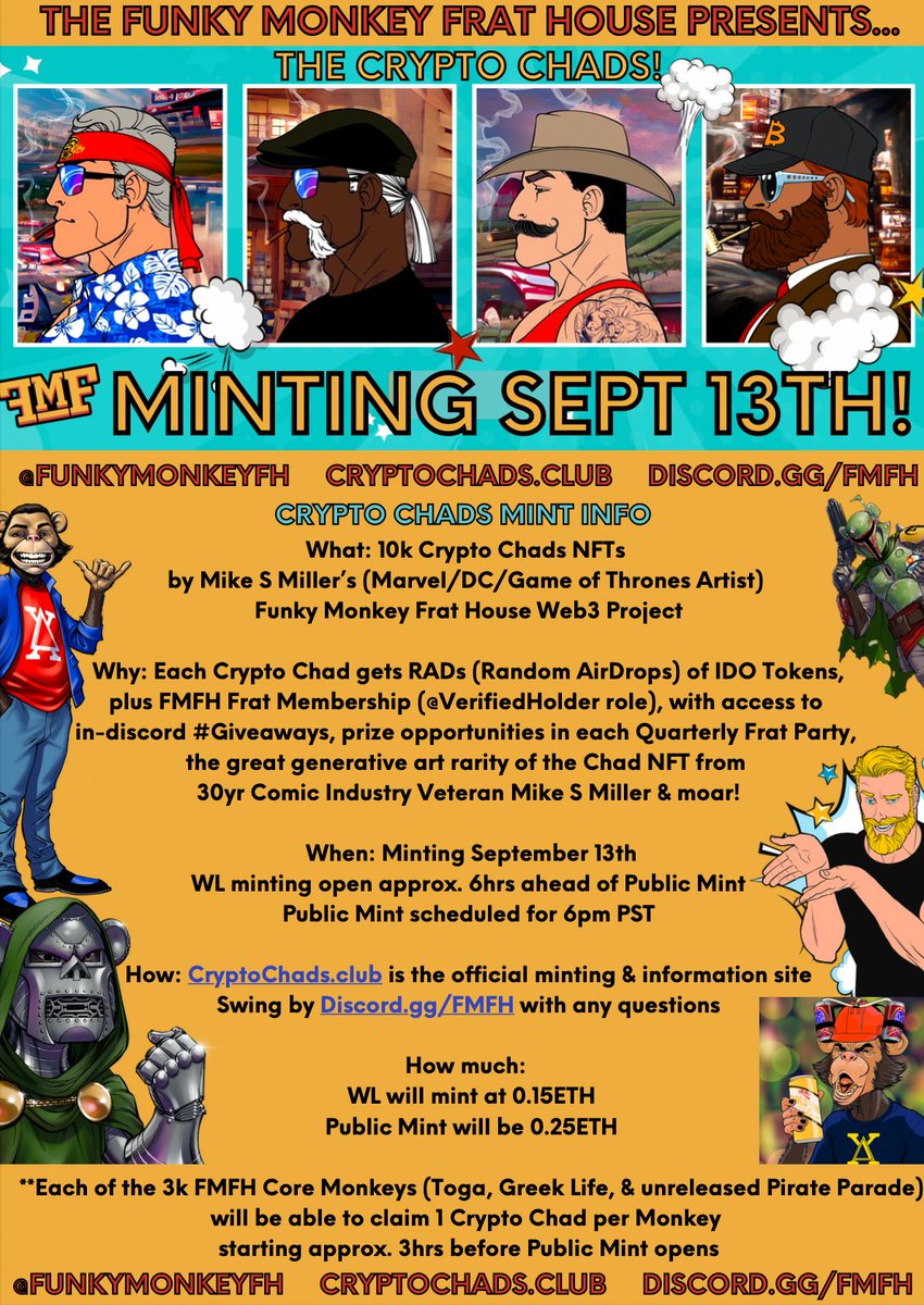 Club101DoD's tweet photo. Looks like the @FunkyMonkeyFH is having a party.. minting #CryptoChads September 13th!
Want WL? 0.15 ETH vs 0.25ETH Public Mint?
All #C101Members can join the WL in our Private Members Area b/c @FratMonkey Mike S. Miller is 1 of our 3 #AncientDragons!
#ChadsGetRADs https://t.co/LmiGftKSsu
