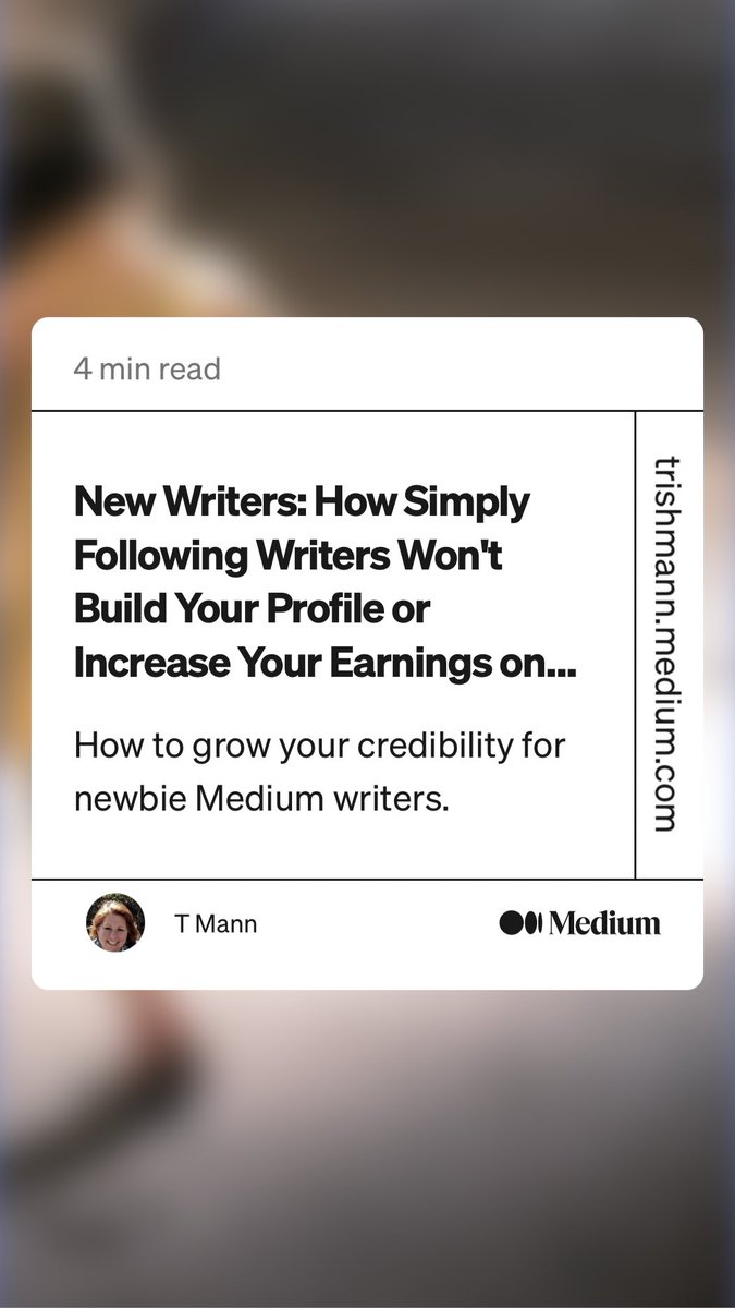 TrishM54's tweet photo. “New Writers: How Simply Following Writers Won't Build Your Profile or Increase Your Earnings on…” by T Mann #newwriters #mediumwriters #mediumtips
https://t.co/DizxD7sf4t https://t.co/RAtK5N2LHn