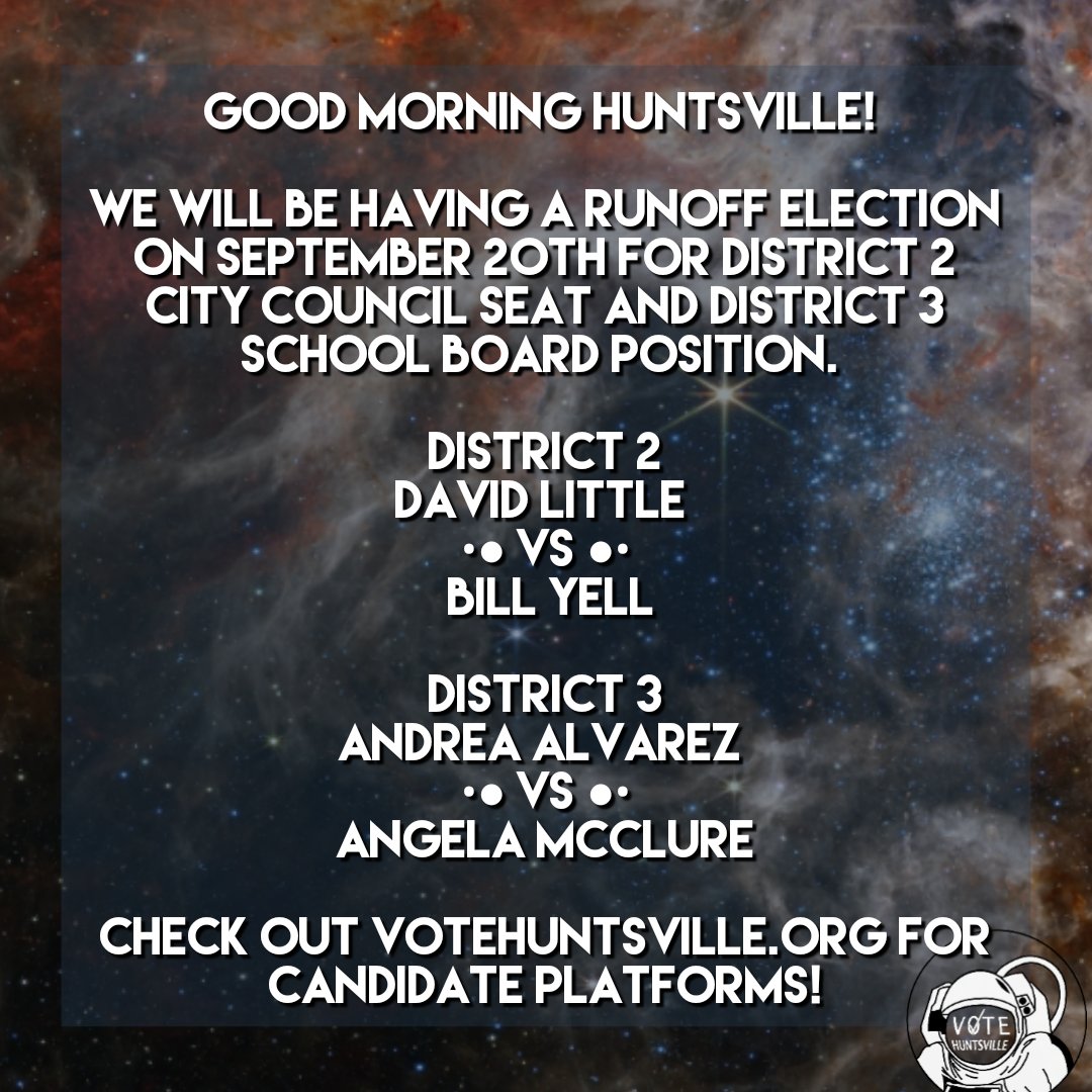 VoteHuntsville's tweet photo. Hey Huntsville! We have a runoff election just around the corner. If you live in Districts 2 or 3 please vote on September 20th!!!! https://t.co/RIjbBONJ5F