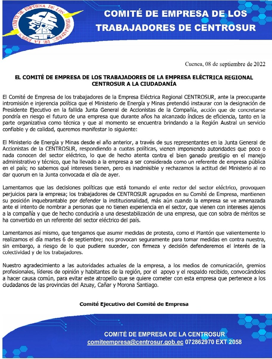 de_centrosur's tweet photo. El Comité de Empresa de la Centrosur a la ciudadanía... @cieeoro @elmercurioec @PRENSAVirtual_ @RecNaturalesEC @eluniversocom @tomebamba @ https://t.co/ATXKu6Lttr