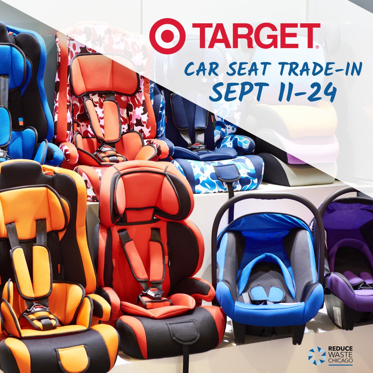 reducewastechi's tweet photo. It’s back! The Target car seat trade-in begins on September 11 &amp; runs through September 24. Recycle your old, expired or damaged car seat &amp; redeem a coupon on your Target app for 20% off one car seat, stroller or select baby gear. Coupon can be redeemed through October 8, 2022. https://t.co/MoQ14lFNZ2