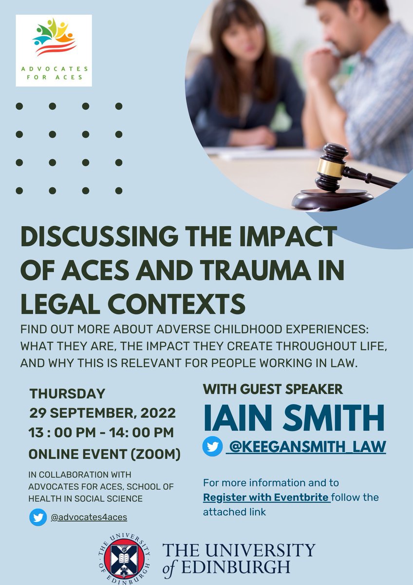 Advocates4ACEs's tweet photo. Thrilled to announce our event exploring the impact of ACEs and trauma within the legal framework. Open to students from @UoELawSchool with guest speaker @KeeganSmith_Law who will talk about a trauma-informed approach to law.

More info and register: https://t.co/XdiYJSC2B2 https://t.co/69m7B5nufV