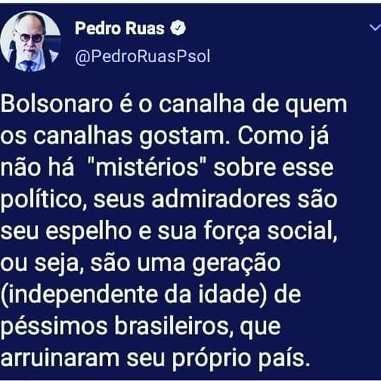 HansCas12321052's tweet photo. @reinaldoazevedo @Joclau53 Bolsonaro é a velha política disfarçada da novidade.
É o infame disfarçado de cristão.
É o imoral disfarçado de homem de família.
É o subserviente disfarçado de patriota.
Parte do Brasil é assim, e se identifica com isso.
Pode o Brasil ruir, e essa "moral" ainda fala mais alto. https://t.co/ZFPqMtCMmJ
