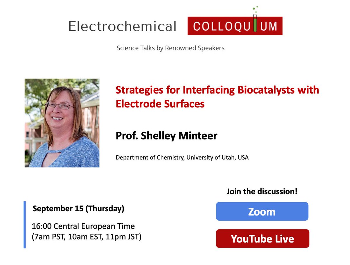 Electrochemical Online Colloquium (@echemcolloquium) on Twitter photo Prof. Shelley Minteer (<a href="/MinteerLab/">Minteer Lab</a>, <a href="/UUtah/">University of Utah</a>), an outstanding expert in bioelectrochemistry, will be discussing the integration of enzymatic and biocatalysis with electrochemistry next Thursday (online)!
#catalysis #chemicalengineering #materialsscience
#chemistry #biotech Prof. Shelley Minteer (<a href="/MinteerLab/">Minteer Lab</a>, <a href="/UUtah/">University of Utah</a>), an outstanding expert in bioelectrochemistry, will be discussing the integration of enzymatic and biocatalysis with electrochemistry next Thursday (online)!
#catalysis #chemicalengineering #materialsscience
#chemistry #biotech