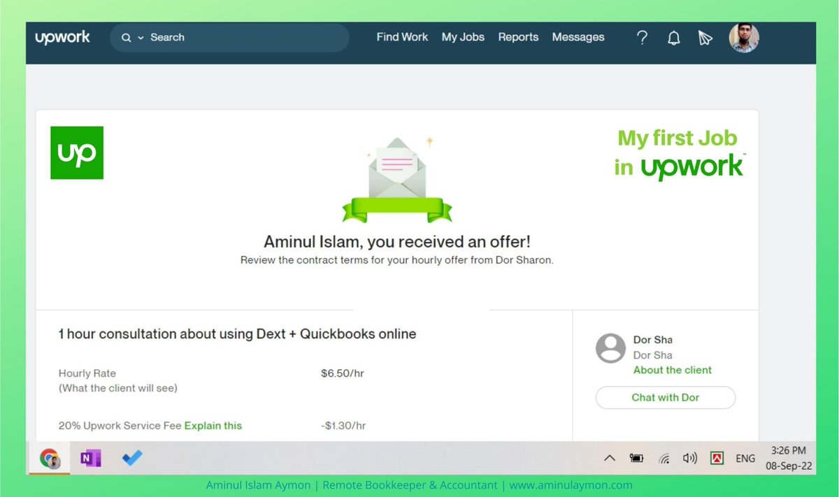 Alhamdulillah! I got my first job at "Upwork" today and started a new journey. Although it was not very easy but all the hard things are nothing compared to your hard work. As always, continue to pray for me. #upwork #upworkfreelancer #upworksuccess #freelancing  #bookkeeping