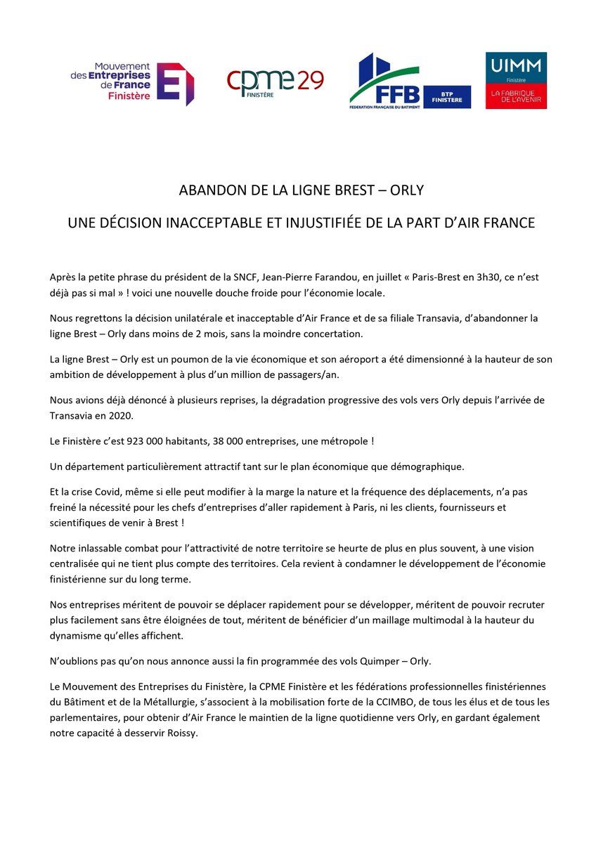 L'abandon de la ligne aérienne Brest Orly par <a href="/transavia/">transavia</a>  fin octobre ! inadmissible, inacceptable et injustifié <a href="/AirFranceFR/">Air France FR</a> 
avec un  TGV en 3h40 pour 600 klms, bientôt pour nous aussi ca sera le #CharAvoile  par bon vent d'ouest, ça peut le faire