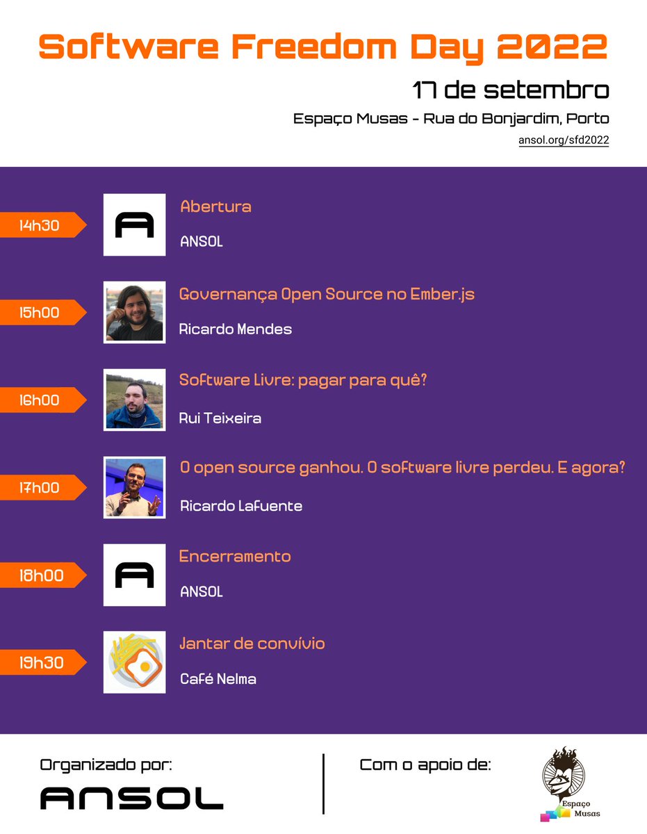 A ANSOL vai celebrar o #SoftwareFreedomDay no dia 17 de setembro no Espaço Musas no Porto, com um conjunto de apresentações e um jantar convívio. Mais info e inscrições em ansol.org/eventos/2022-0…