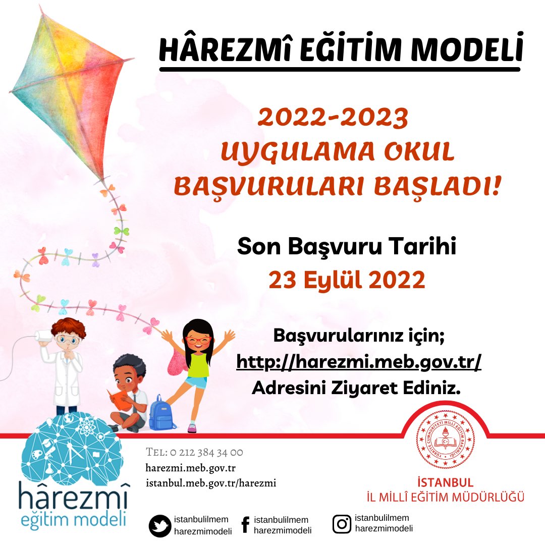 2022-2023 eğitim öğretim yılında Hârezmî uygulama okulu olmak isteyen okullarımız için başvurular başlamıştır. 

📣Son Başvuru Tarihi: 23 Eylül 2022

📣 Başvuru için harezmi.meb.gov.tr

<a href="/memleventyazici/">Levent Yazıcı</a> 
<a href="/istanbulilmem/">İstanbul İl Millî Eğitim Müdürlüğü</a> 
<a href="/ist_arge/">İSTANBUL MEM AR-GE</a>