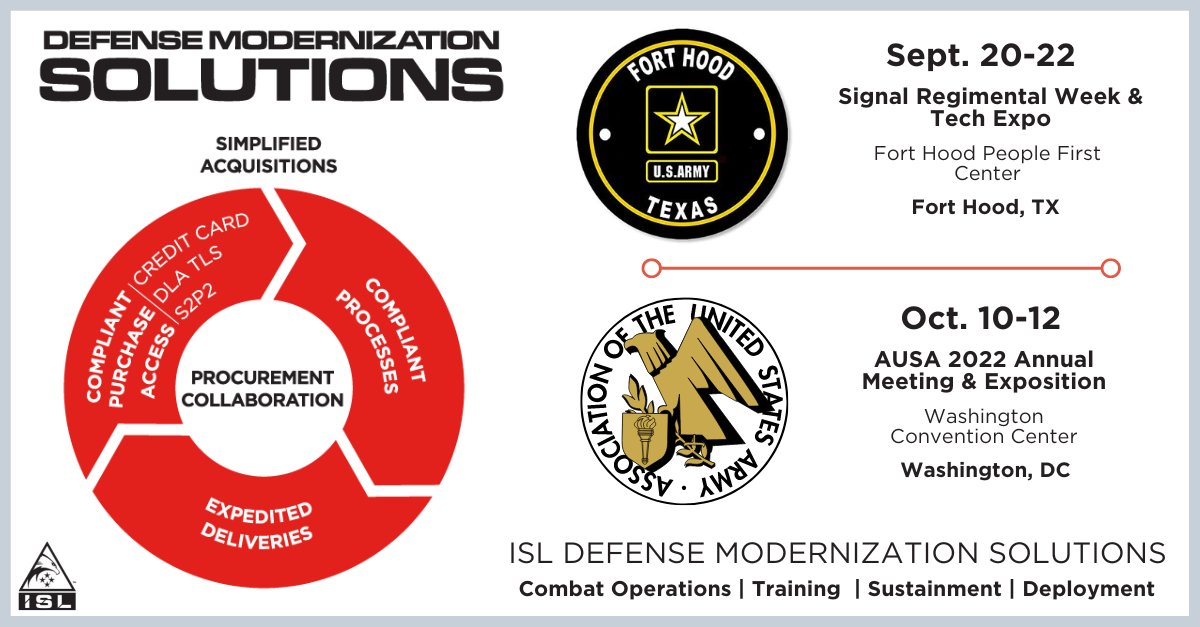 Connect with the ISL <a href="/USArmy/">U.S. Army</a> team on the Road in September &amp; October! We will be at the @USAGforthood Army Signal Regimental Week &amp; Tech Expo in Fort Hood TX (Sept. 20-22), &amp; the <a href="/AUSAorg/">Assn. of the US Army</a> AUSA 2022 Annual Meeting in Wash DC (Oct. 10-12).   Contact ISL:  incrediblesupply.com/contact/