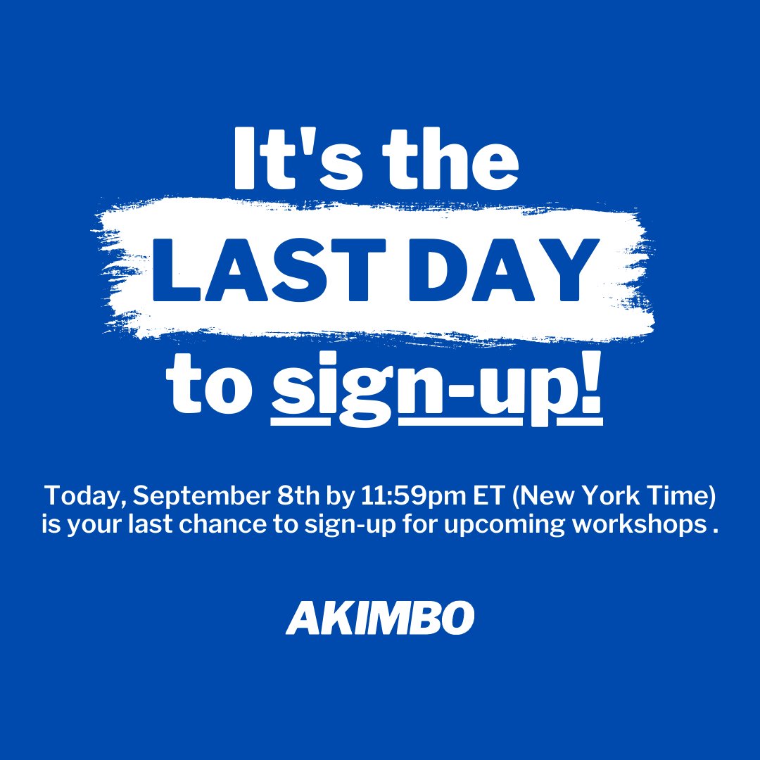Today, September 8th, is the last day to sign-up for our upcoming workshops! akimbo.com/workshops

The Marketing Seminar, The Creative’s Workshop, The Copy Workshop, The Story Skills Workshop, Writing in Community, and The Podcasting Workshop are starting next week.