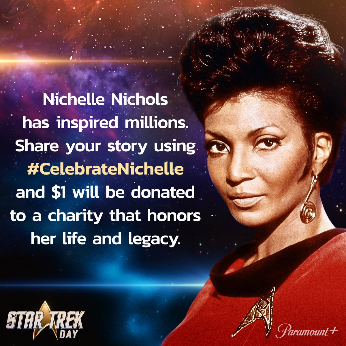 StarTrek's tweet photo. In honor of Nichelle Nichols, this year #StarTrekUnitedGives is partnering with charities who further the philanthropic work that Nichelle championed during her lifetime. ✨ #CelebrateNichelle https://t.co/ejKgfZV55p https://t.co/qGckLAymwE