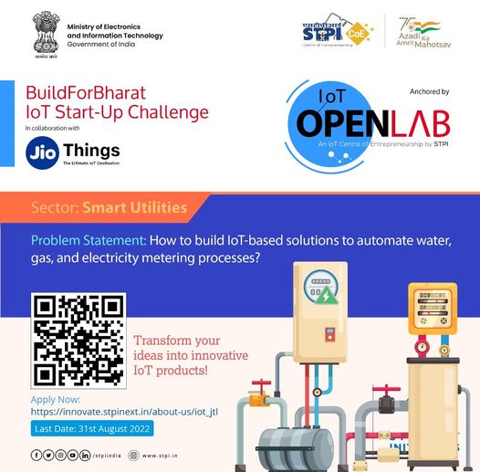 Join #BuildForBharat #IoTStartUpChallenge to build #IoT-based smart utility solutions to automate water, gas & electricity metering processes
Link: lnkd.in/dzeQdjKm

#STPICoES #STPIINDIA #startupindia
#iotcommunity #innovation #Jio #JioDevelopers #JioStore #BuildForBharat