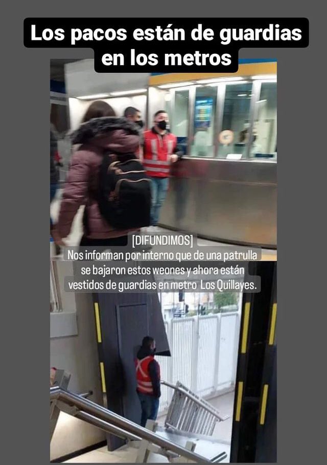 Murosyresisten's tweet photo. Se registra presencial policial en estación de Metro Los Quillayes, camuflada como guardias de seguridad. Neo Intramarchas. https://t.co/qqDKDZdRcB