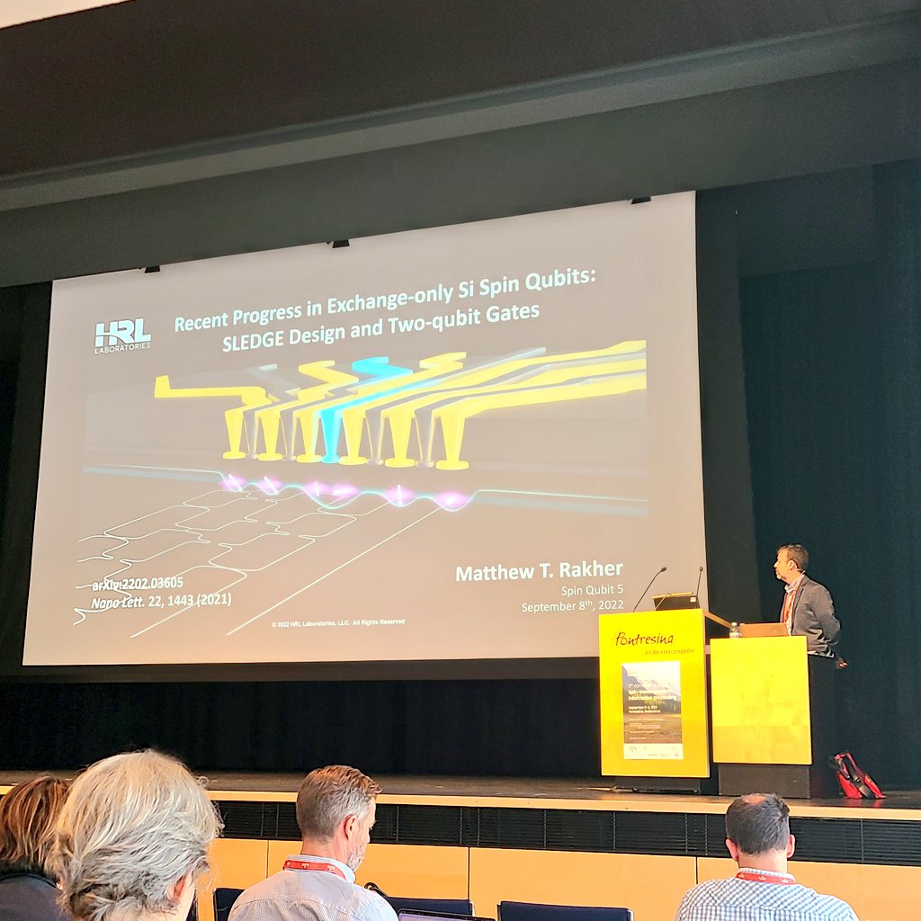 perronjk's tweet image. Matthew Rakher from HRL starting off the afternoon session. Great talk on exchange only qubits and 2 qubit gates. #SpinQubit5