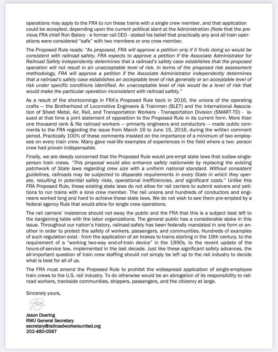 railroadworkers's tweet photo. Railroad Workers United is submitting an official comment to @USDOTFRA on the Notice of Proposed Rulemaking - "Train Crew Size Safety Requirements."

https://t.co/BBOd6fUnPA #railsafety #publicsafety #Ruleof2 https://t.co/hNu6WVtSQo