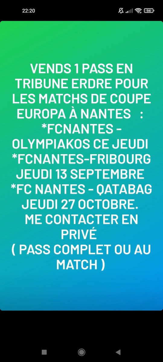A_fff8's tweet photo. Pour les Nantais 🟢🟡 
Je vends des places pour les matchs d'Europa League à la Beaujoire ! 
90 euros les 3 places !! https://t.co/q0Mb5ze6nF