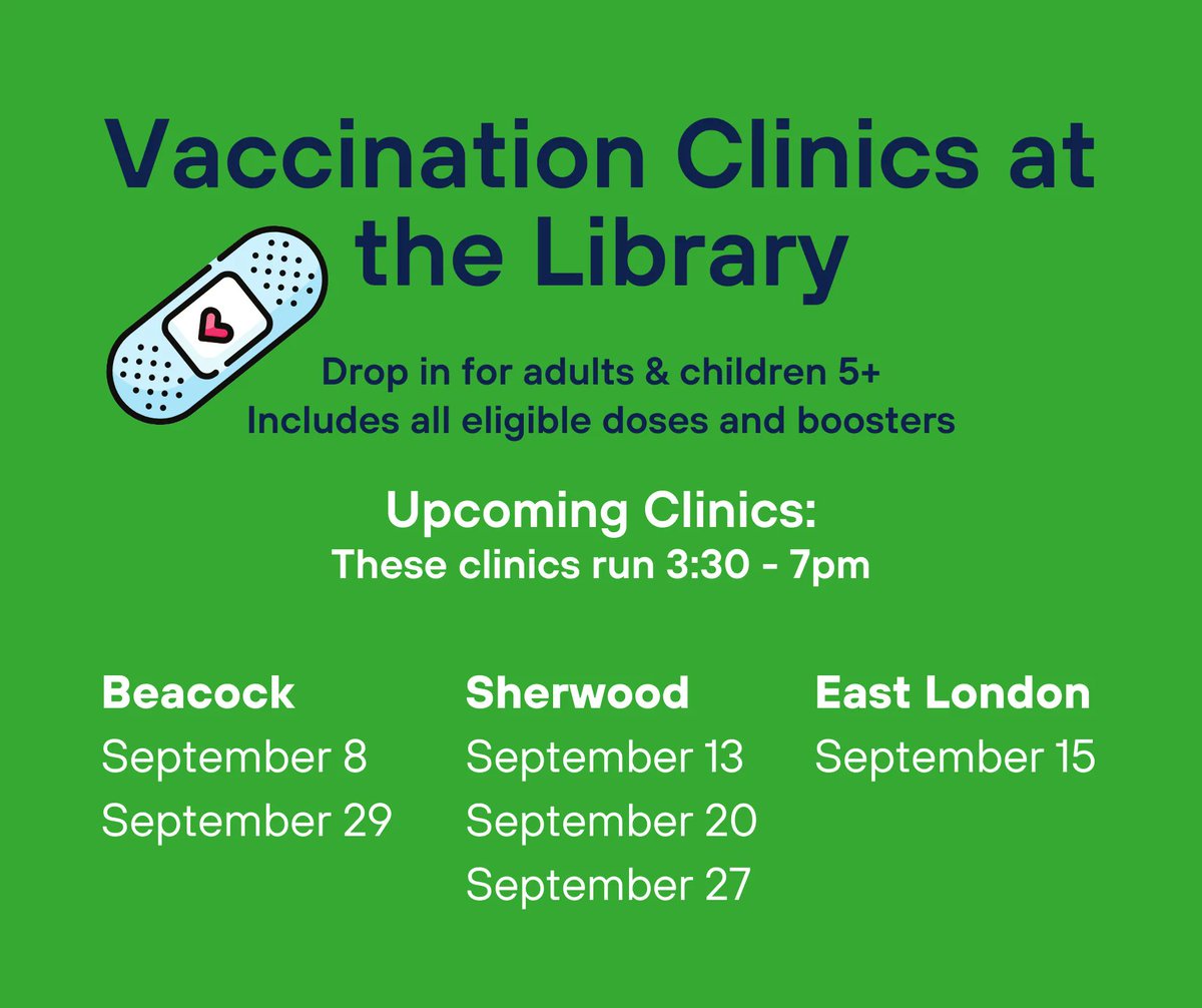 Drop by the <a href="/MLHealthUnit/">MLHealthUnit</a> Vaccination Clinic at Beacock Branch from 3:30-7pm today for any booster or dose that you're eligible for, including boosters for 5-11years+.  #LdnOnt.