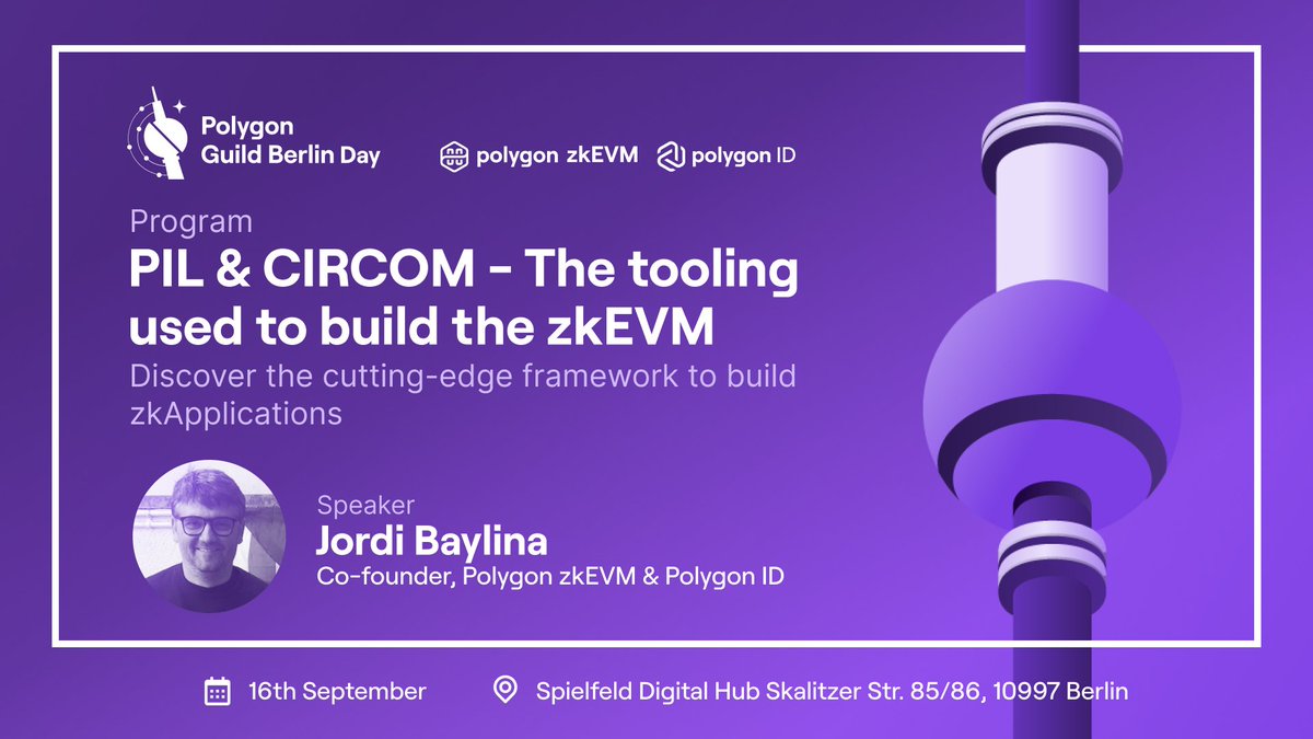 We are excited to announce that @jbaylina, Co-Founder of @0xPolygonHermez & @0xPolygonID, will be speaking at the Polygon Guild Berlin on September 16th 📢 Topic: PIL & CIRCOM – The tooling used to build the #zkEVM ⚒️ Reserve your ticket here 👉 eventbrite.ch/e/polygon-guil…