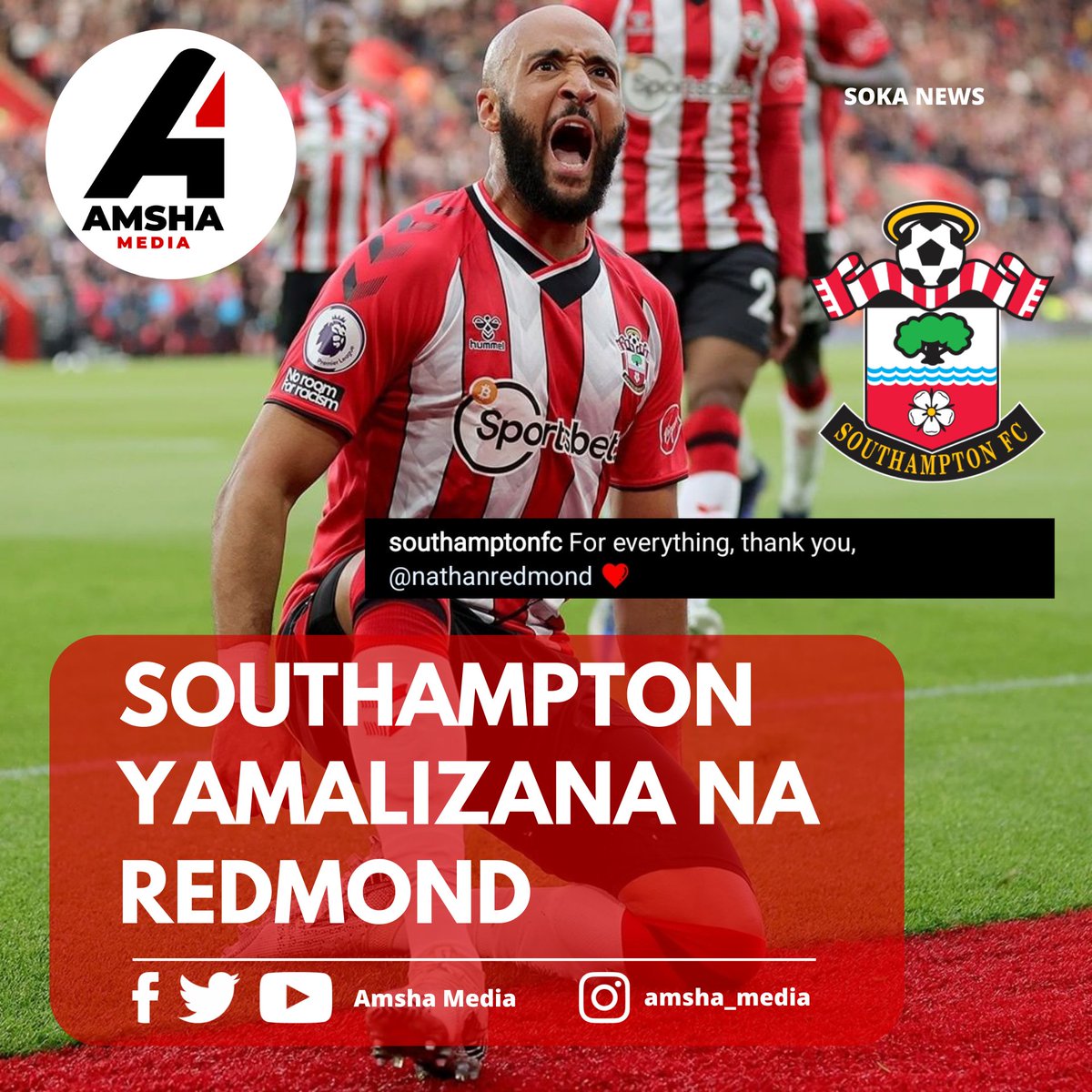 Timu ya SOUTHAMPTON imeagana rasmi na Mchezaji wake Nathan Redmond.

South Ampton imeandika hivyo kupitia ukurasa wake wa Instagram ikimshukuru mhezaji huyo kwa kila namna alivyoweza kuitumikia timu hiyo.

#Southampton #redmond #nathanredmond #soccer #football