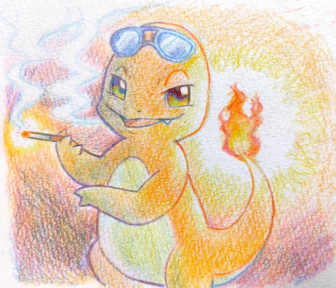 お題箱から!タバコを吸ってカッコつけてる感じのヒトカゲですありがとうございました#ポケモンイラスト #Charmander 