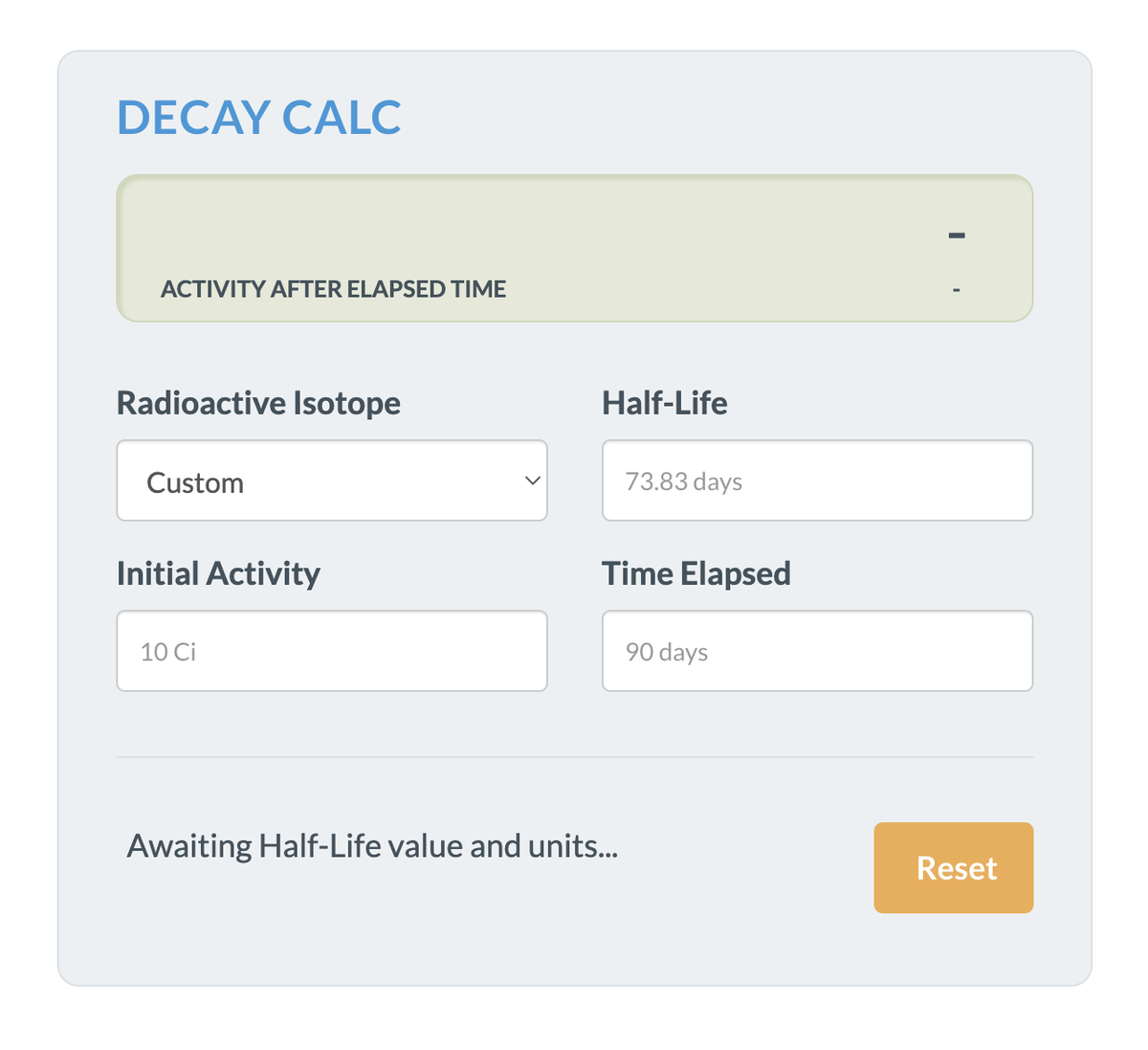 Radformation's tweet photo. Our Radioactive Decay Calculator is here! Need to double-check your calculations? We’ve got you covered. Yes, you’ve got the formula memorized. But for quick number crunching for those brachy cases, our new calculator is worth bookmarking. #radonc #medphys https://t.co/KoPEF5ZrrK