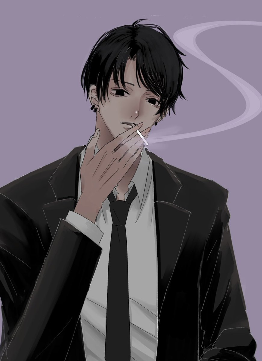 black hair 1boy cigarette necktie solo black necktie male focus  illustration images