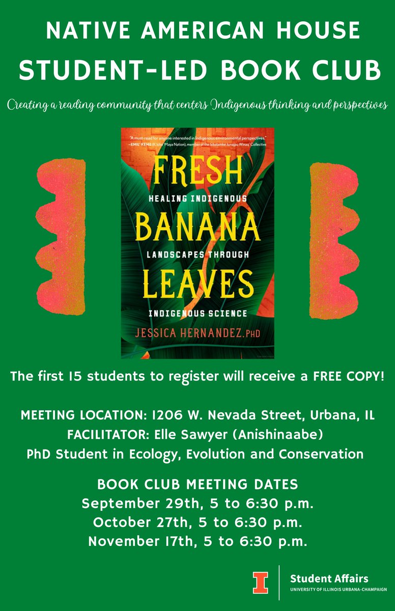 I'll be facilitating a book club hosted by Native American House (NAH) here at UIUC. See flyer for more details. Deadline for sign ups is 9/19 at 5pm. 
Form:  forms.illinois.edu/sec/480261746

DM me with any questions/concerns! 😊
