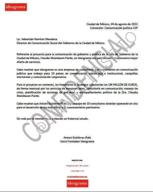 Arouet_V's tweet photo. De acuerdo con @SGarciaSoto, @ideograma de Antonio Gutiérrez-Rubí pidió @Claudiashein 20 millones de pesos mensuales por "asesoramiento, consultoría en comunicación, manejo de crisis, planificación de gobierno y acompañamiento político a la doctora" https://t.co/rJfYXFYSed