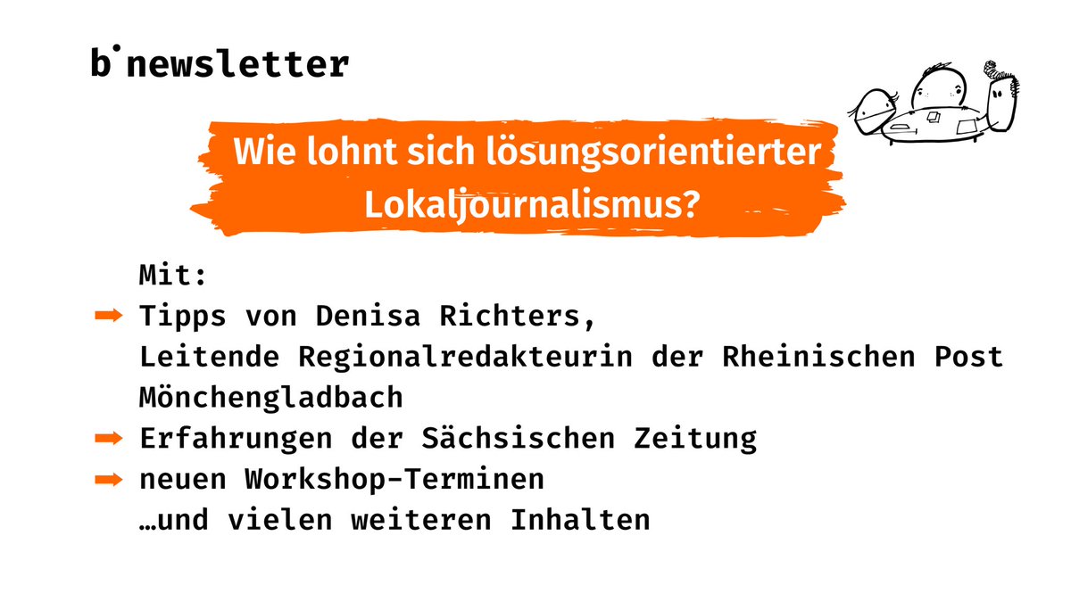 Die neue Ausgabe unseres #newsletters ist da! <a href="/ellen_sch/">Ellen Heinrichs</a> teilt Best Practices und Antworten auf die Frage: Lösungsjournalismus im Lokalen – lohnt sich das? Mit praktischen Tipps von <a href="/DeRichters/">Denisa Richters</a>, Erfahrungen von <a href="/uvedd/">Uwe Vetterick</a> und Ideen von <a href="/GerdMay/">Gerd May</a>. Hier entlang 👇sh1.sendinblue.com/aebrqb70clpfe.…