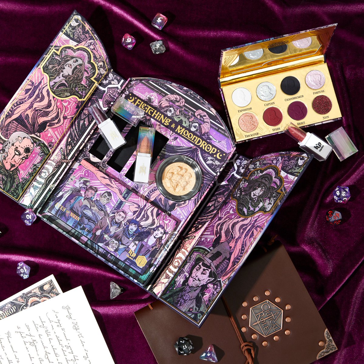 CriticalRole's tweet image. BEHOLD: We partnered with @HipDotCosmetics to conjure this #HIPDOTxMightyNein makeup collection!
Stunning lipsticks, eyeshadow, & highlighter themed after the Mighty Nein & the Fletching & Moondrop Carnival! 🎪
Pre-order now:
hipdot.com/criticalrole
Art by @chamonkee & @WTH153