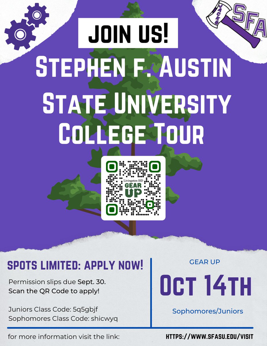 GEARUPLISD's tweet photo. GEAR UP students it is time to sign up for a tour of SFA! Seats are limited so get your permission slip filled out as soon as possible. Permission slips are due on Sept. 30th. Parents, we would love to have you chaperone this trip! Contact Jkuylen@livingstonisd.com for a form. https://t.co/VSQLxA9cva