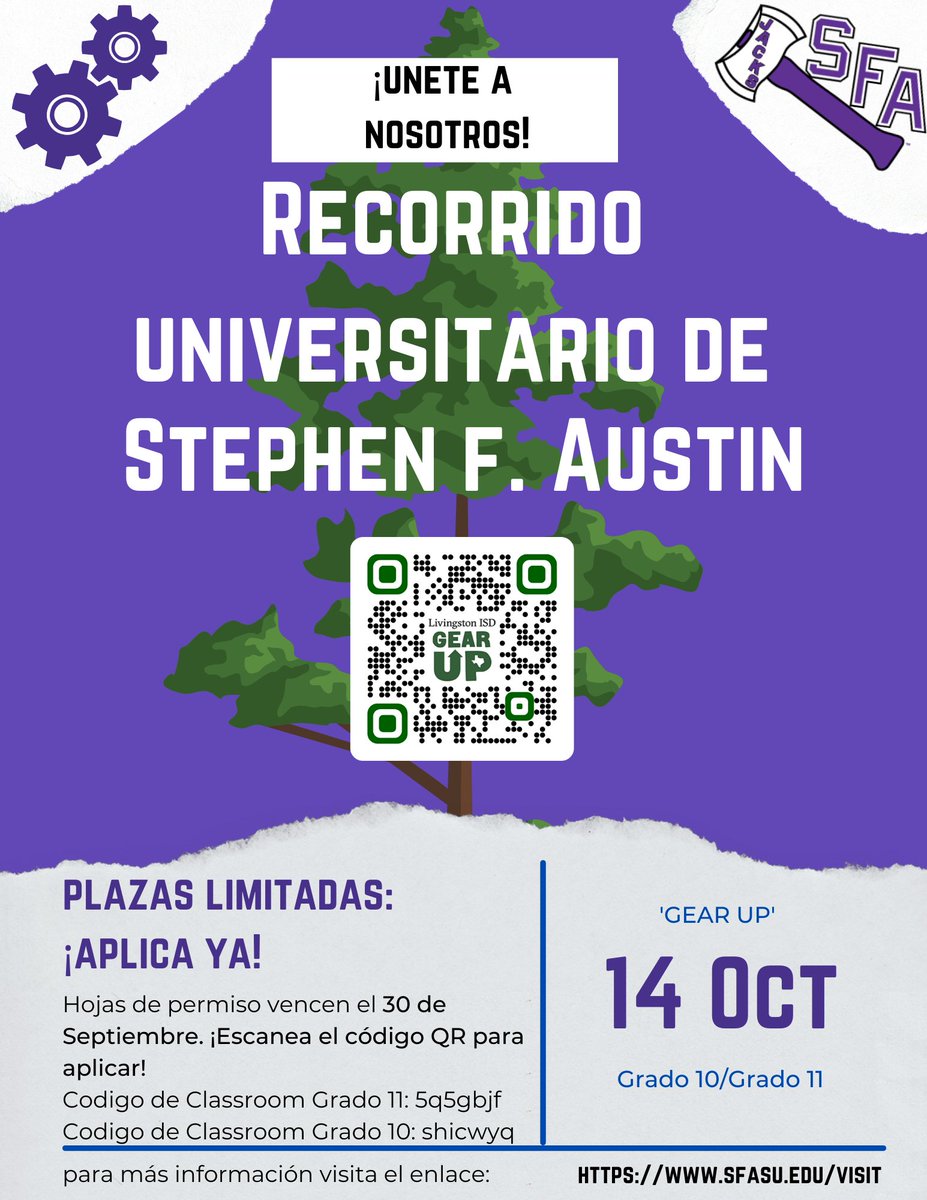 GEARUPLISD's tweet photo. GEAR UP students it is time to sign up for a tour of SFA! Seats are limited so get your permission slip filled out as soon as possible. Permission slips are due on Sept. 30th. Parents, we would love to have you chaperone this trip! Contact Jkuylen@livingstonisd.com for a form. https://t.co/VSQLxA9cva