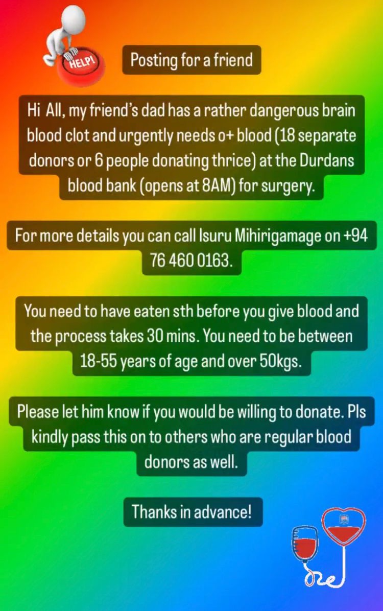 Urgent Requirement for O Positive Donors. 
#lka #srilanka #help

For More info,Please reach out to <a href="/SafraAnver/">Safi</a>