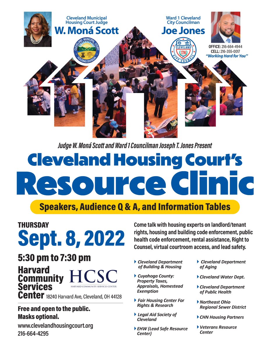 <a href="/CleHousingCourt/">Cleveland Housing Court</a> visits Ward One tonight, with help from <a href="/CHNhousing/">CHN Housing Partners</a> <a href="/ClevelandAging/">Cleveland Dept Aging</a> <a href="/LegalAidCLE/">LegalAidCLE</a> <a href="/LeadSafeCLE/">LeadSafeCLE</a> <a href="/housingcenter/">The Fair Housing Center</a> @CleveJoeJones <a href="/harvardcsc/">Harvard Community Center</a> <a href="/ClevelandWater/">Cleveland Water</a> <a href="/neorsd/">NE Ohio Regional Sewer District</a> and more #housing