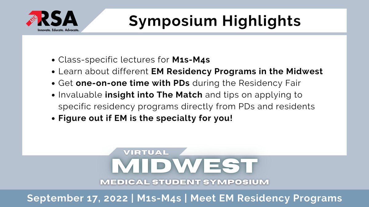 AAEMRSA's tweet photo. Less than 3 weeks until #MMSS22! Learn more directly from PDs through the Residency Lighting Robin! You must be an AAEM/RSA member to attend. Register Today for FREE: https://t.co/EWWin4cA2k #EmergencyMedicine #Residency #EMBound #MedStudent #Match2023 https://t.co/42RYbC7BYa