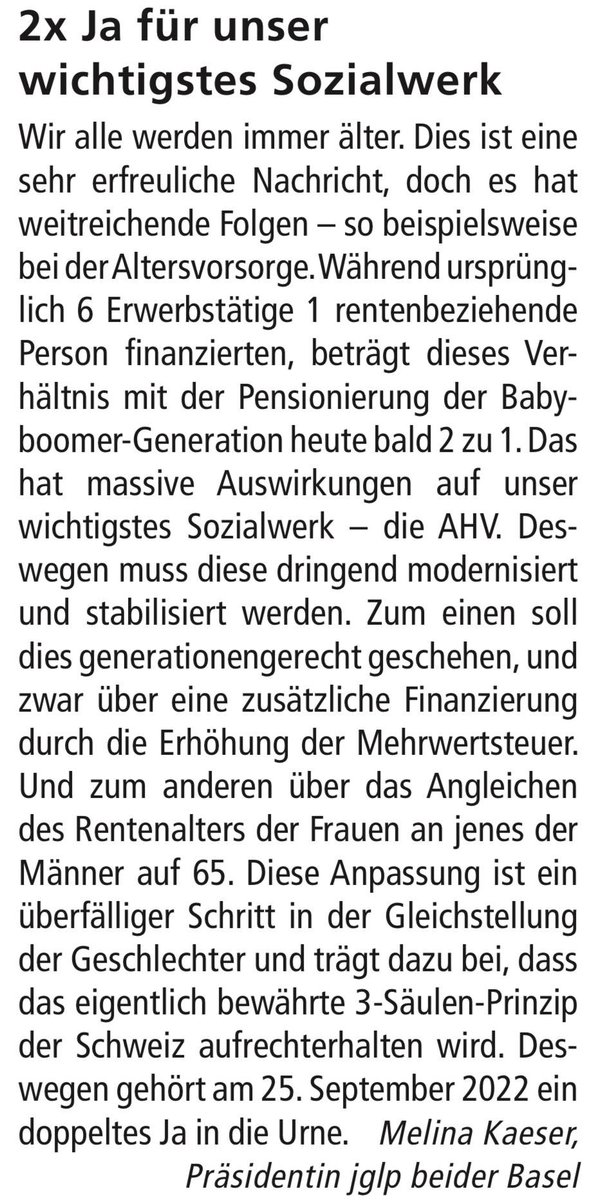 jglpBLBS's tweet photo. "Deswegen gehört am 25. September 2022 ein doppeltes Ja in die Urne." 

Der Leserbrief unserer Präsidentin @melina_kaeser. 💯

@sichereahv https://t.co/JLQ8hNVvGC