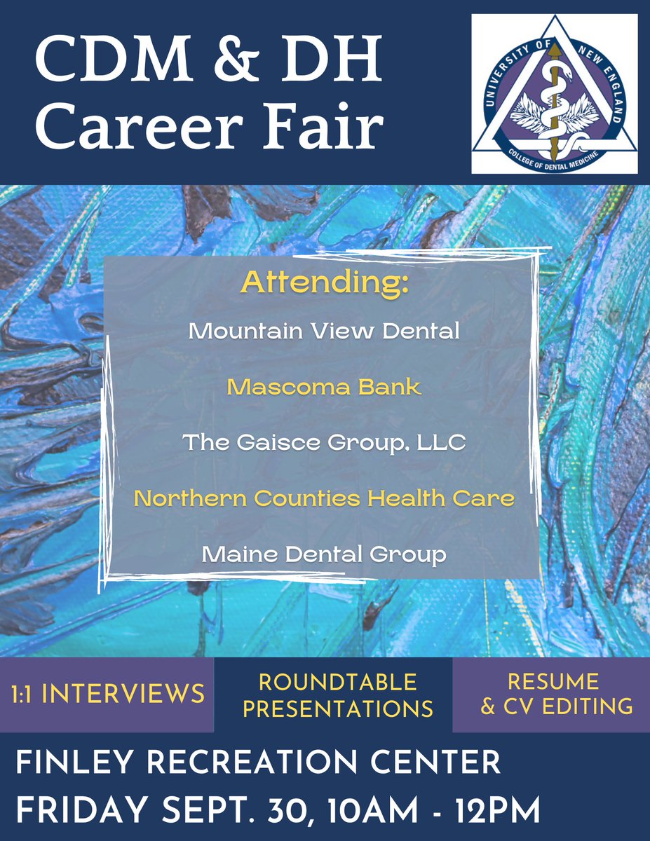 It's your 3 week notice! The Career Fair is coming up at the end of this month so we just wanted to share a few more employers you can hope to see there!

*Please note: this internal event is only open to UNE CDM and DH students.

#unecdm #careerfair #unedh
