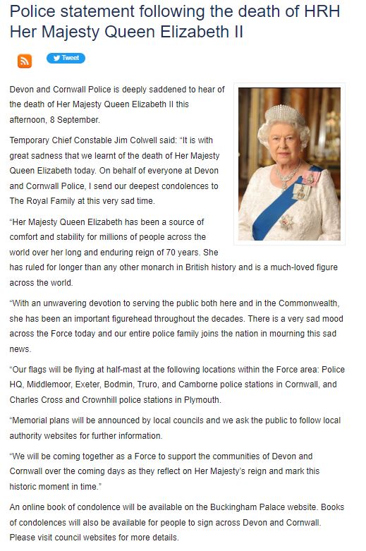 Devon and Cornwall Police is deeply saddened to hear of the death of Her Majesty Queen Elizabeth II this afternoon. Temporary Chief Constable Jim Colwell has paid tribute on behalf of the Force. crowd.in/5ecWCf