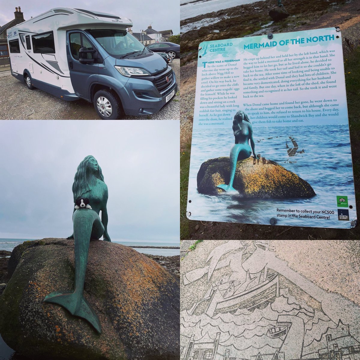 HireBessie's tweet photo. Bessie and Scottie meet the mermaid of the north today x — at Mermaid of the North, plus a stop off to see Oor Wullie at Fochabers #hirebessie #bessieandscottieontour #nc500 #rollerteam #MakingMemories https://t.co/jtv8UZHI6T