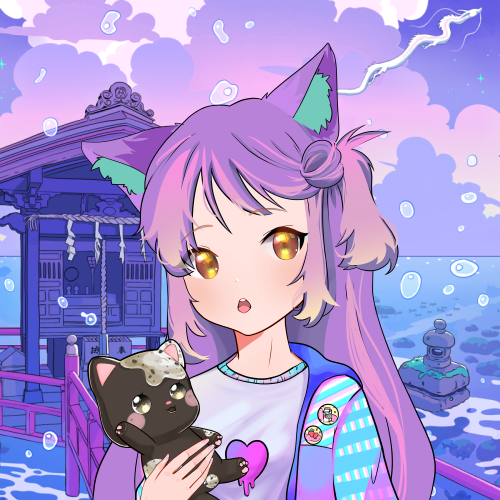 My Cupcat Catgirl!! I got my favorite colors!! I am so lucky! <a href="/catsinthecups/">Cupcats</a> !!! 💙💜
Honestly this project is so so underrated. 
Such a hard work behind this project!! And i ABSOLUTELY LOVE IT!!!! 
The fact we can choose the background and the mouth!
I have no words! Wonderful!